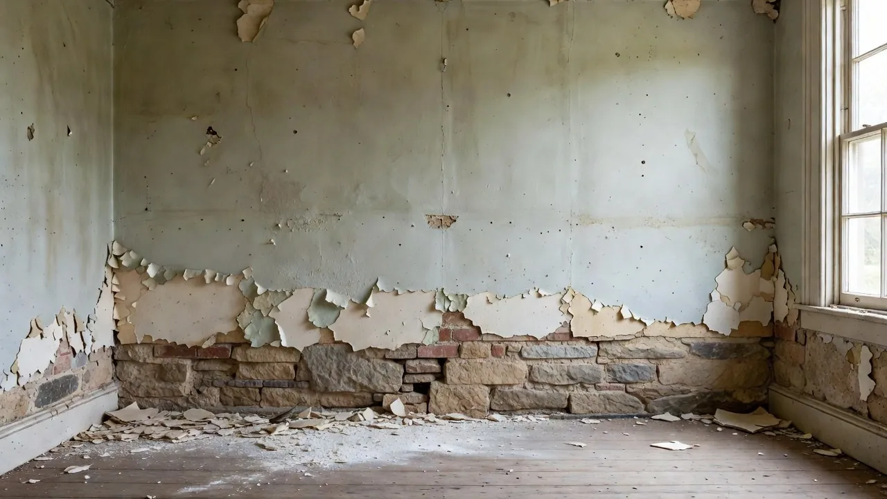 An empty room in an old cottage where the plaster along the bottom of the walls has blown and fallen away, showing rubble stone footings under brickwork, with salt and plaster debris on the floor.