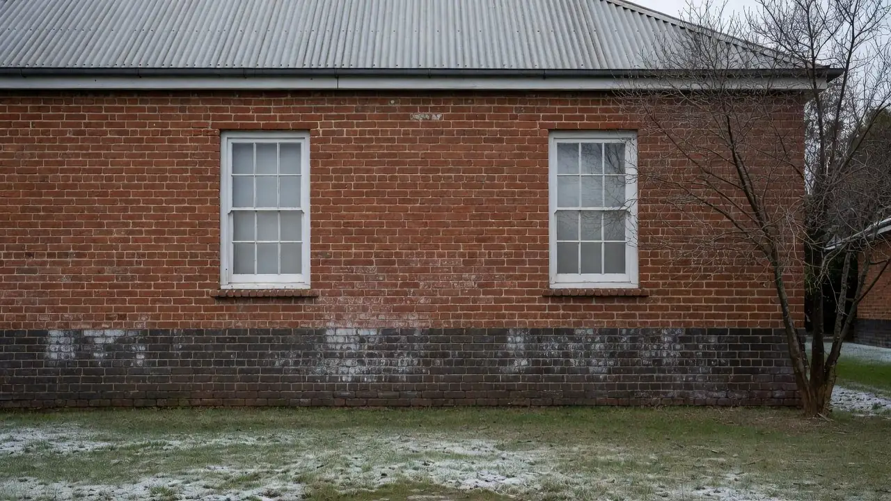 The side wall of an old brick cottage with a band of dark, damp brick and white salt along the bottom, stopping at a level line below the windows.