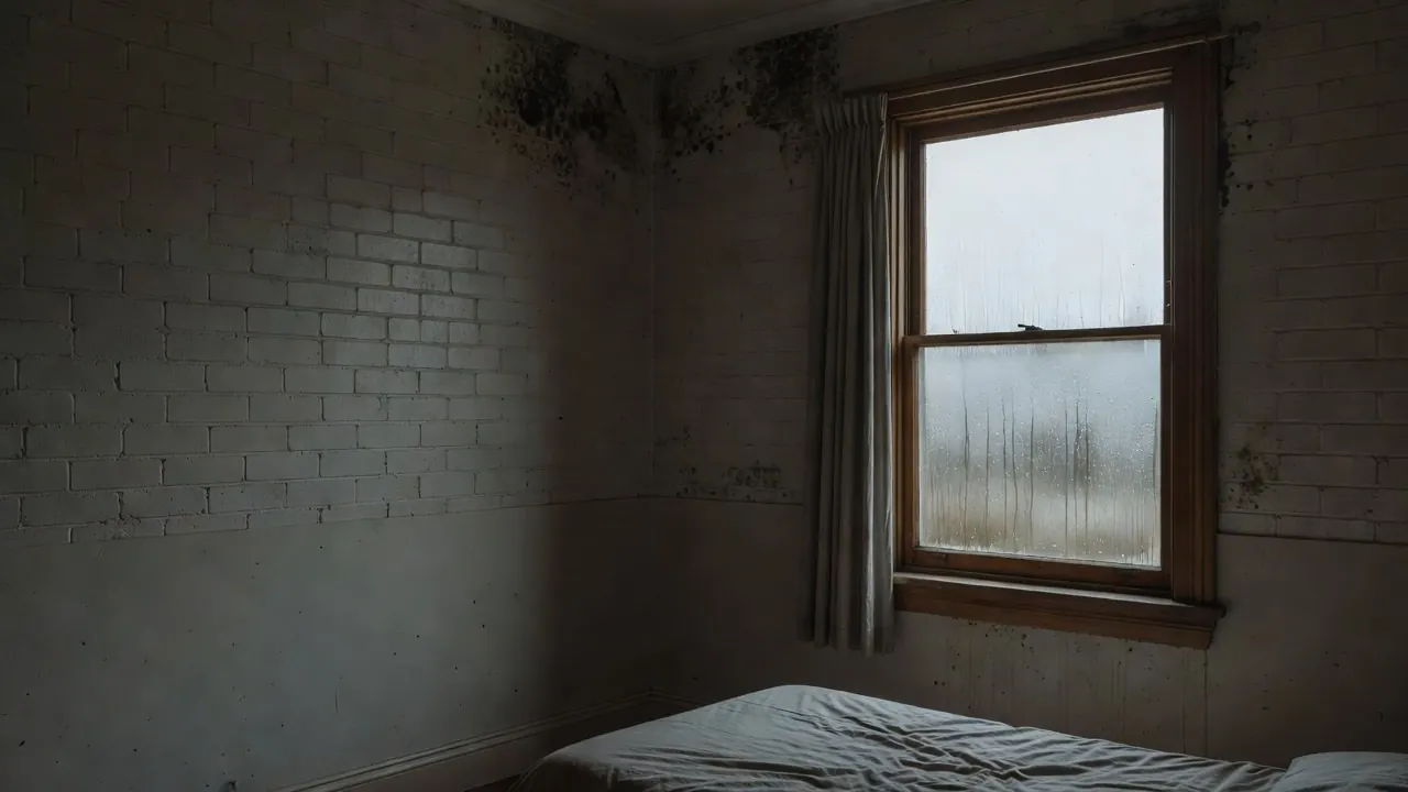Condensation on a sash window and mould in the top corners of a cold bedroom, with the wall clean and dry at the skirting.