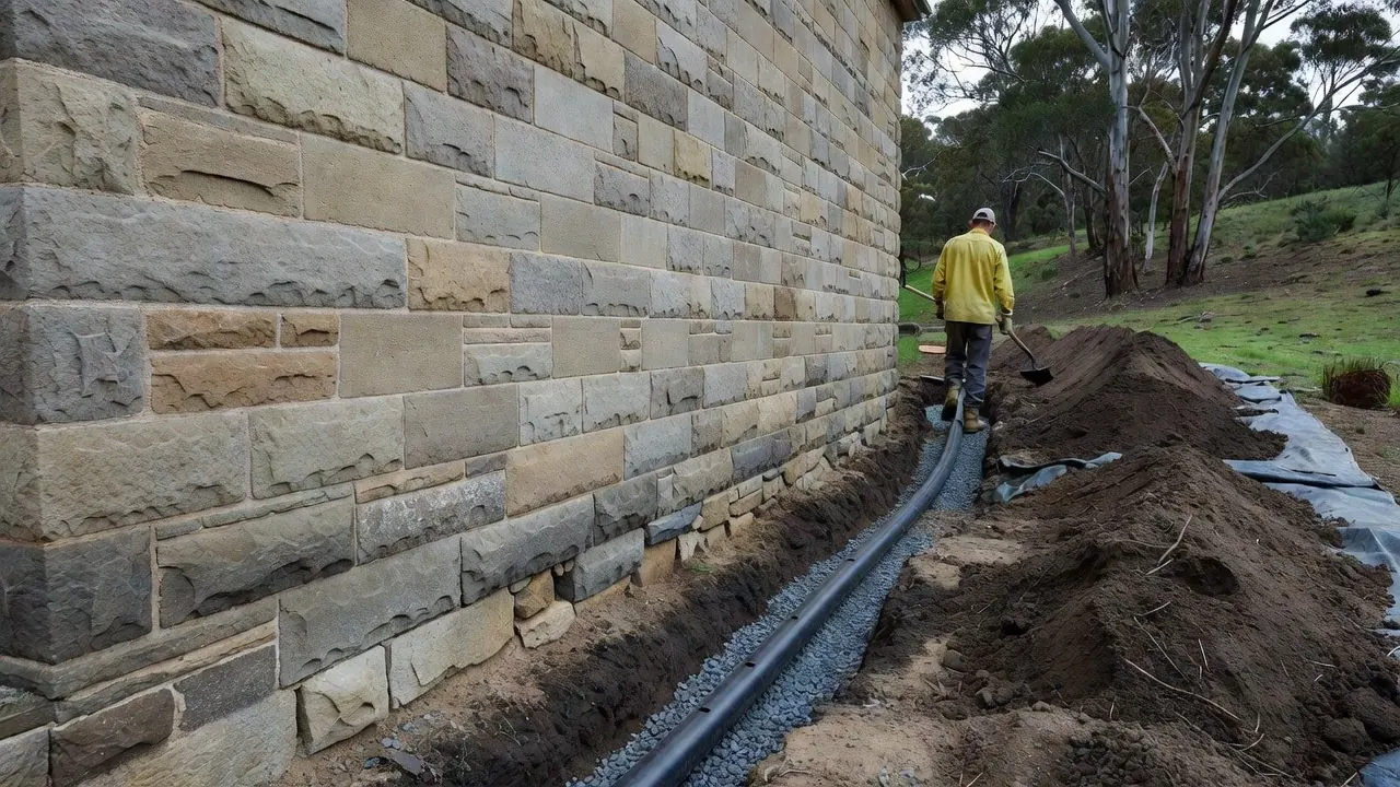 A trench dug along the uphill side of an old sandstone cottage, with a slotted drainage pipe on gravel and a worker with a shovel further along it.