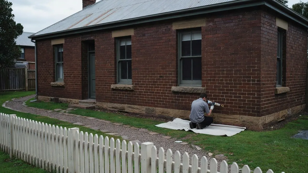 A technician kneeling on a drop sheet at the base of the side wall of an old dark red brick cottage with a sandstone base, injecting the damp course with a cartridge gun.