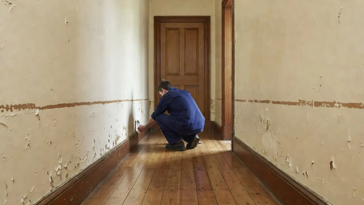 A damp specialist crouched in the hallway of an old cottage, holding a moisture meter to the wall above the skirting, with a level stain line and blistered paint along both walls.