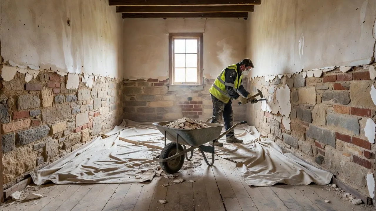 A worker in a hi-vis vest and dust mask hacking salt-damaged plaster off the lower wall of an old stone and brick room, with a wheelbarrow of rubble on drop sheets.