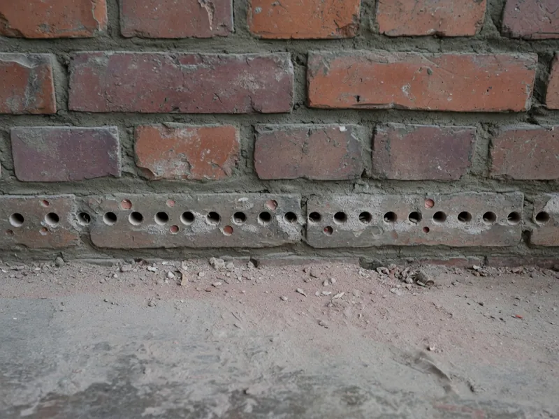 A row of evenly spaced drill holes along one mortar joint near the base of an old brick wall.