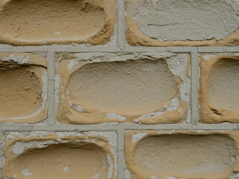 Sandstone blocks with dished, crumbling faces while the mortar joints stand proud of them.