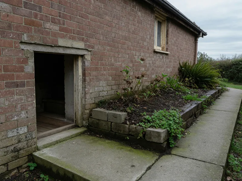A garden bed and a concrete path built up hard against the brick wall of an old cottage.