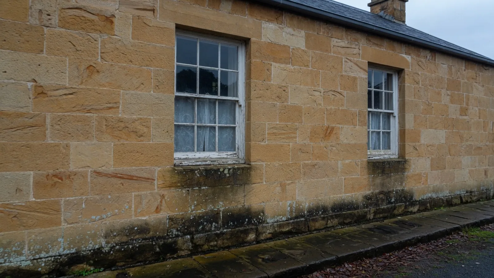 A sandstone Georgian cottage with damp staining and algae across the lowest courses, and a footpath sitting hard against the wall.