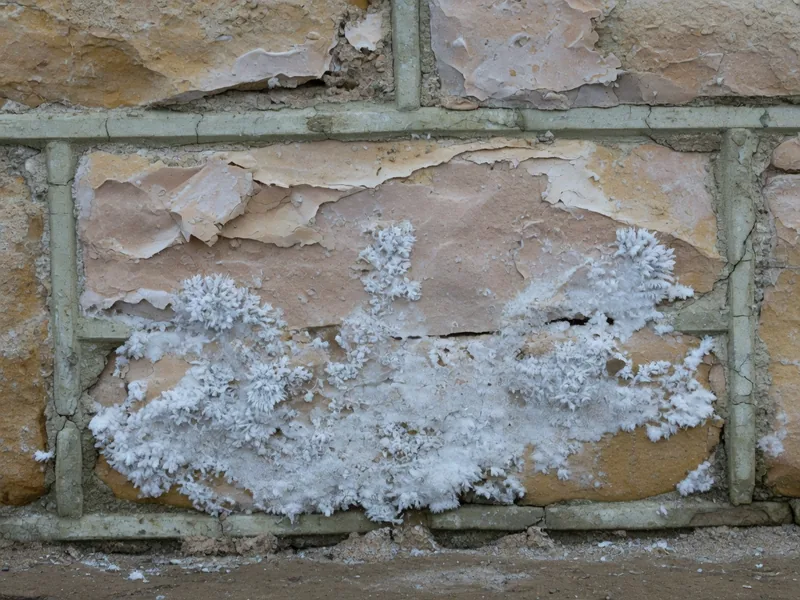 White salt crystals blooming across a sandstone wall at ground level, with the stone flaking behind them.