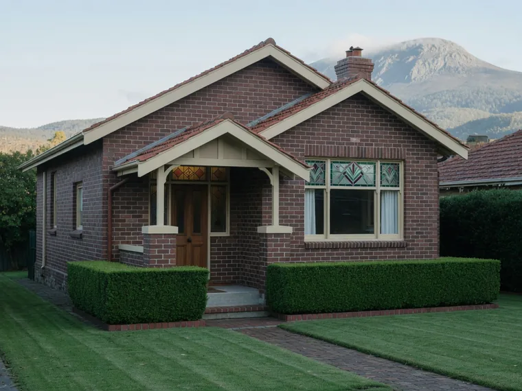 Illustration: a tidy 1930s brick bungalow with a gabled porch and clipped hedge.