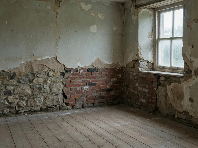 A room with the plaster chipped off the bottom metre of the wall, showing rubble stone footings under brickwork.