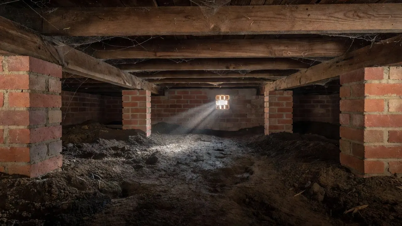 The crawl space under a timber floor, with damp soil, brick piers and light from one vent.