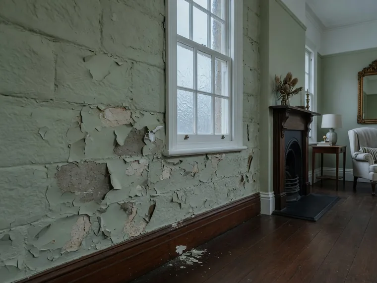 Illustration: paint and plaster blistering away from solid masonry just above a skirting board.