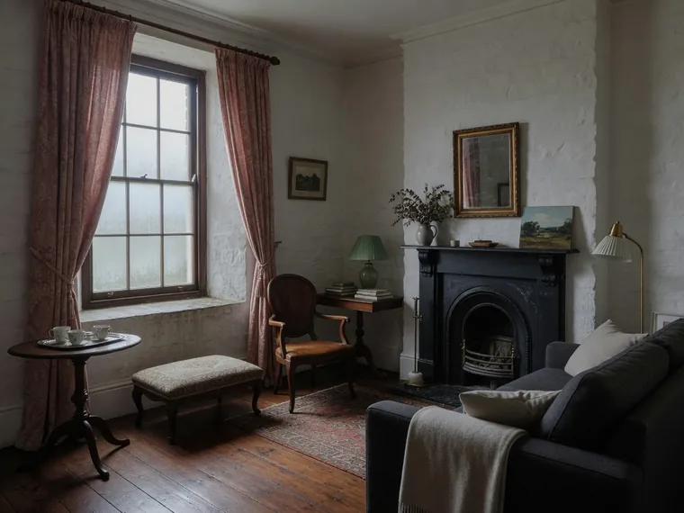 Illustration: a snug Georgian sitting room shut up for winter with a faint bloom of damp low on the outside wall.