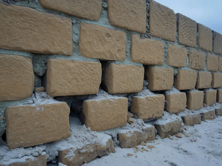 Illustration: lime mortar joints in a sandstone wall crumbled to sand and receded into the wall.