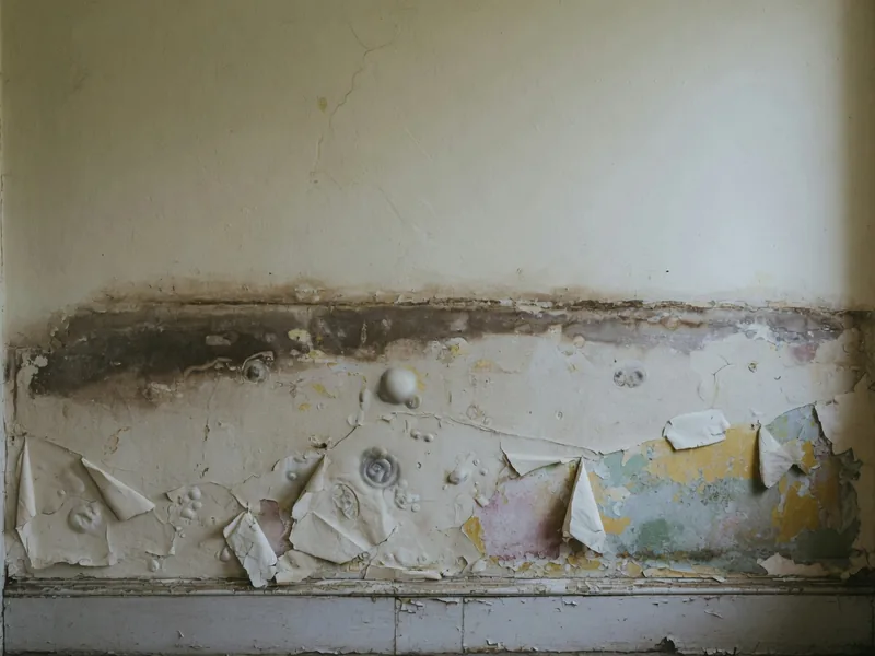 An interior wall with a horizontal brown tide mark about a metre up, and paint blistering off the wall below it.