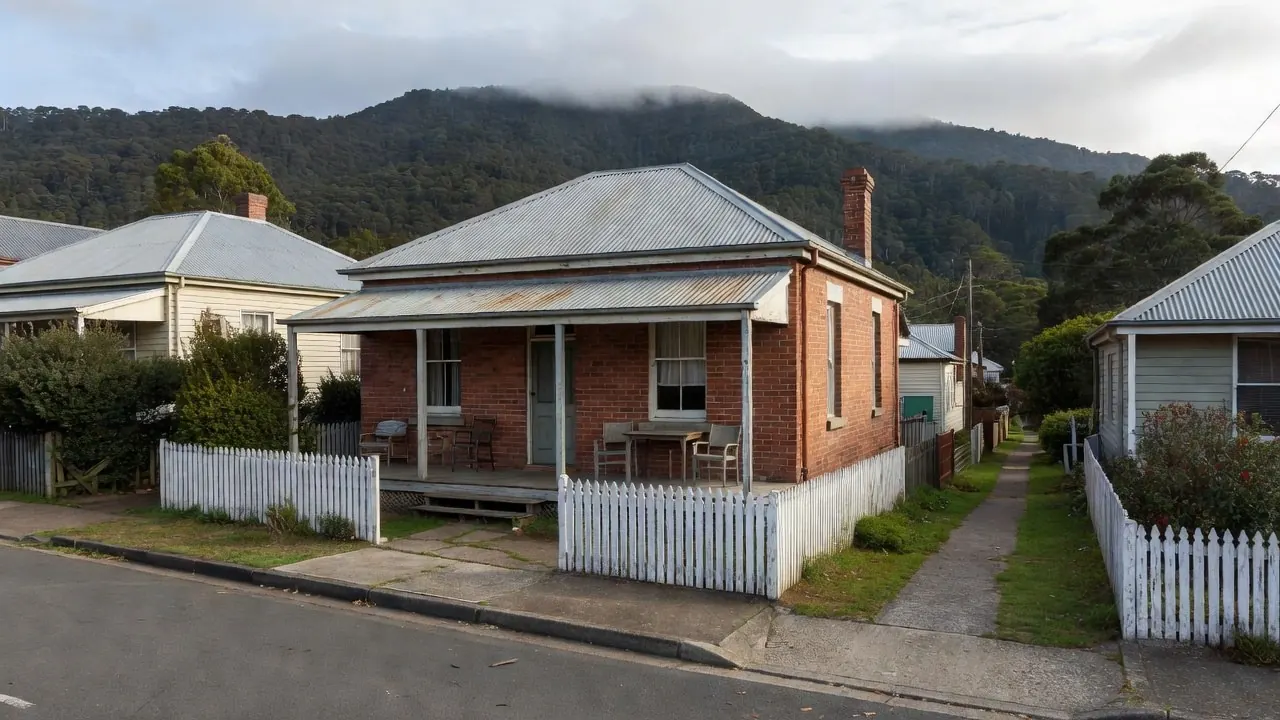 A Federation brick cottage with a corrugated iron roof and a front verandah, with a forested mountain behind.